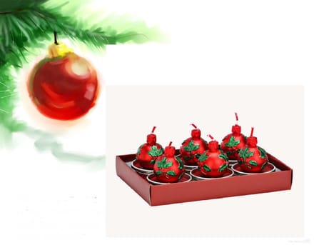 Theelicht set kerstbal - 4x5x4cm - gemaakt van was - set van 6 - rood met groen-