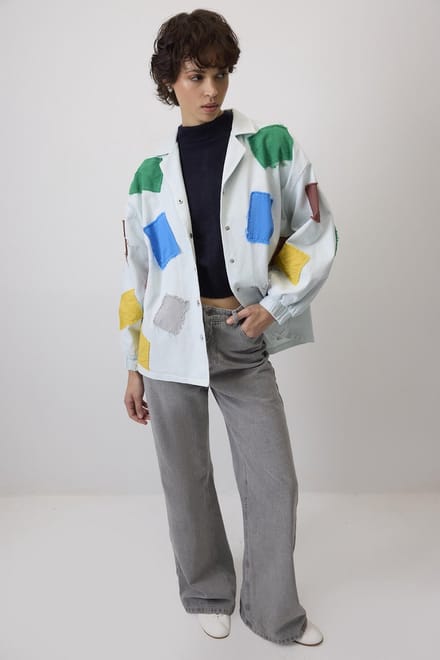 Touché Privé - Gabardine jasje met gekleurde patches - Ijsblauw - Dames