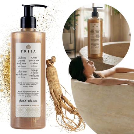 PRIJA - Heerlijk badschuim met gouddeeltjes, romig schuim, ginseng, 380 ml