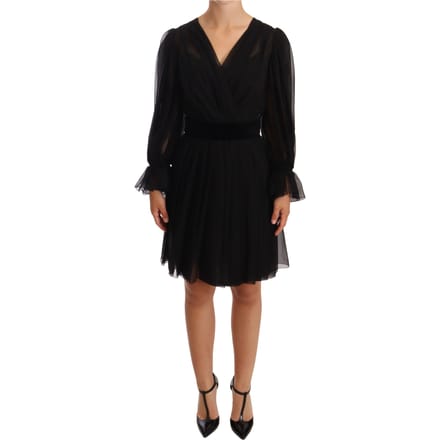 Dolce & Gabbana Dames Zwarte Mesh Plissé Mini Zijden Stretch Jurk