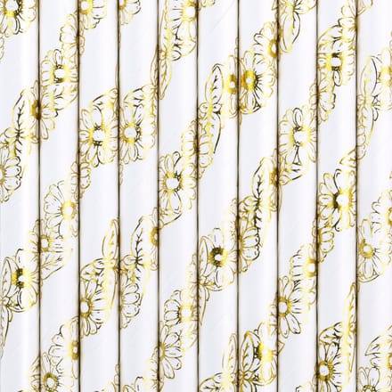 Partydeco Drinkrietjes - papier - 30x - wit/goud bloemen - 19,5 cm - rietjes