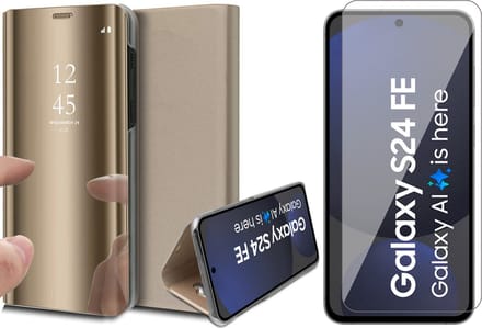 Hoesje geschikt voor Samsung Galaxy S24 FE - Screenprotector Glas - Spiegel Book Case Goud