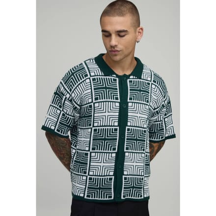 Boxy Fit Square Tapestry Button Up Knitted Shirt | Olive | Size Small