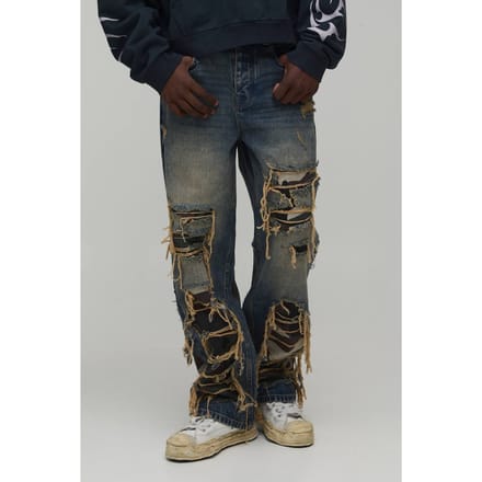 Gewassen Camo Rip & Repair Relaxed Fit Jeans | Antique Blue | Size 34R