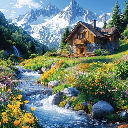 40x40cm Diamond Painting Alpen huisje nr 596