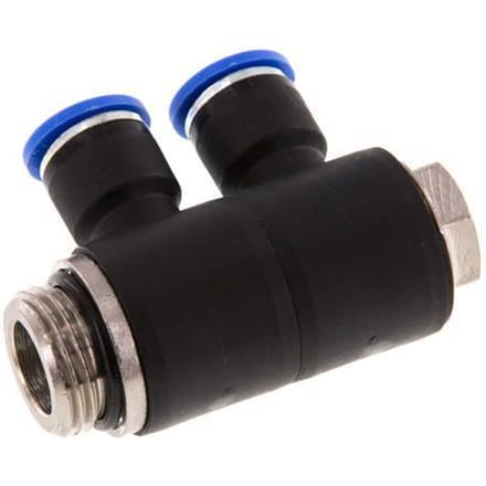 10mm x G1/2'' 2-way Manifold Messing/PA 66 Insteekfitting Buitendraad Draaibaar NBR