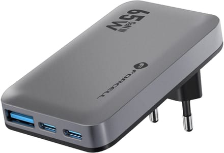 Forcell, GaN III Oplader 65W - 2x USB-C + USB - Snellader - Ultra-thin, Grijs