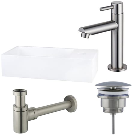 FugaFlow Eccelente Arredo fonteinset - 36x18.5x9cm - 1 kraangat - solid surface - fonteinkraan RVS geborsteld - mat wit -