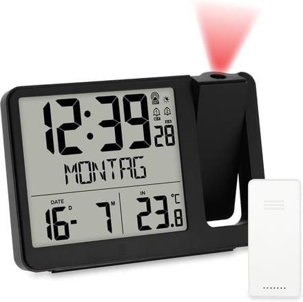 Famanu - Digitale projectie-wekker met buitensensor, dubbele wektijd, temperatuur, datum, weekdag, zwart