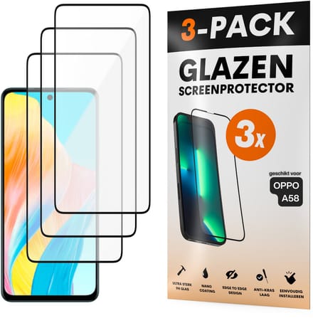 Screenprotector - Geschikt voor OPPO A58 - Gehard Glas - Full Cover Tempered Glass - Case Friendly - 3 Pack