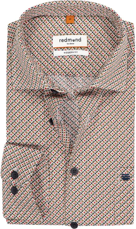 Redmond modern fit overhemd - popeline - blauw met olijfgroen - rood en wit dessin