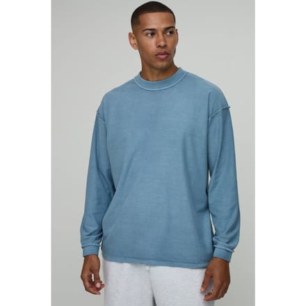 Oversized Gewassen T-shirt Met Lange Mouwen En Zichtbare Naden | Blue | Size Medium