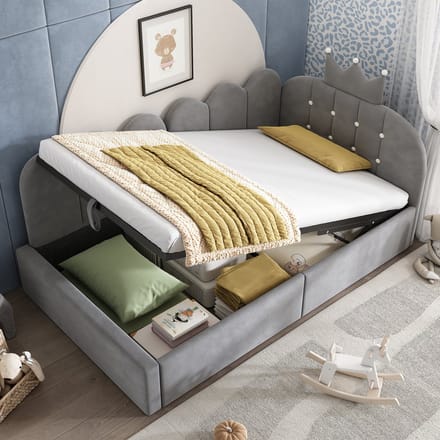 MODFU Bedbank 90x200 cm – Met hydraulische opbergruimte – Kroon- & rasterdesign – Fluweel – Grijs