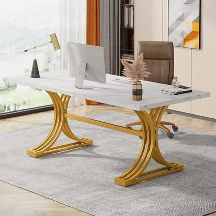 Tribesigns Bureau - Computerbureau - Computer Tafel - Bureautafel met Gouden Poten - 160 x 80 x 75 cm - Metalen Frame - Wit & Goud