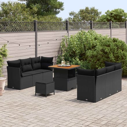 vidaXL - Tuinbank - Set - met - kussen - 9 - pcs - Zwart - poly - rattan