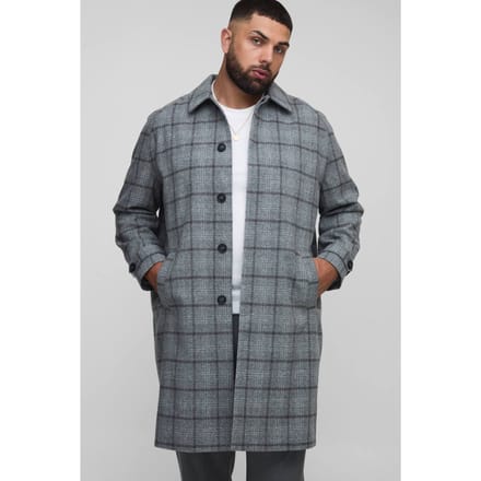 Plus Regular Fit Raglan Single Breasted Check Collar Buckle Car Coat | Grey | Size 2XL