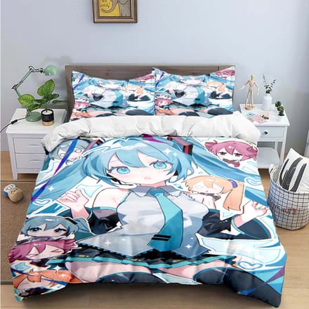 Dessin Animé Kawaii Chanteuse Virtuelle H-Hatsune-Miku Parures de Lit Ensemble de Linge de Lit Housse de Couette Ensemble Couette de Lit Ensemble de Linge de Lit Cadeau EU Single(135*200cm)3pcs