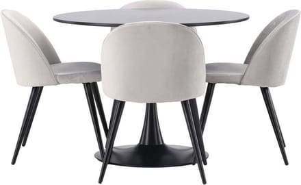 Glade eethoek tafel zwart en 4 Velvet stoelen grijs.