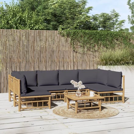 vidaXL - 7-delige - Loungeset - met - kussens - bamboe - donkergrijs