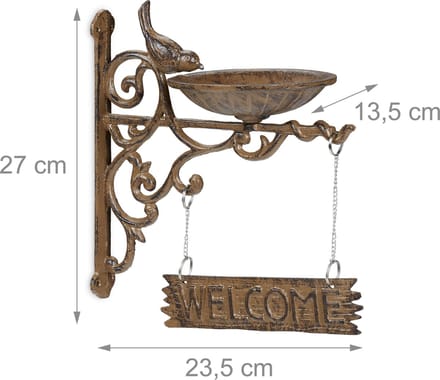 vogeldrinkschaal gietijzer - 'welcome' bordje - hangend - tuin - bruin