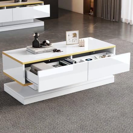 Salontafel - 100 x 50 x 38 cm - Met 2 Laden - Hoogglans met Gouden Rand - Warm Wit