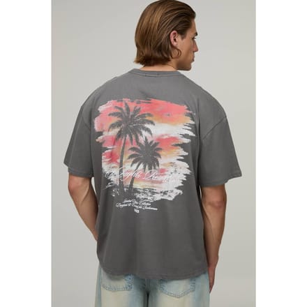 Antraciet Oversized T-shirt Met Zonsondergang Palmbomen Print | Charcoal | Size Medium