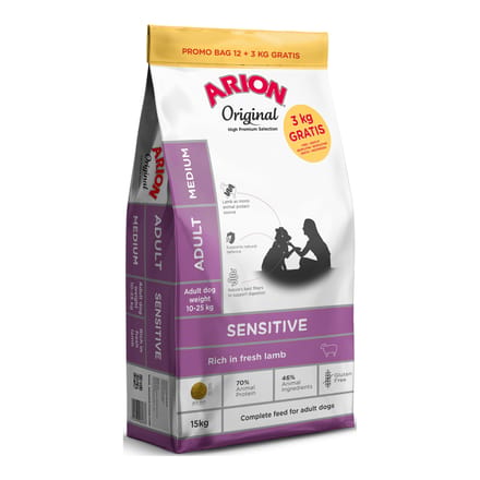 Arion Original Sensitive Medium Breed Lam - 12 + 3 kg gratis