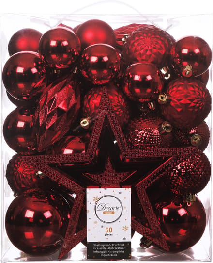 Kerstballen set - 55x stuks incl. ster piek - rood - kunststof