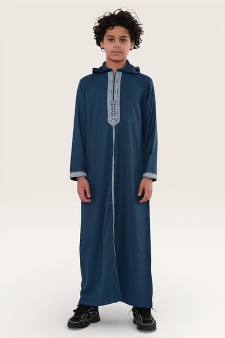 Kinderen jongens blauwe Eid Marokkaanse Thobe gewaad Djellaba Ramadan Jubba LFS-K-HM3 met capuchon