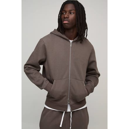 Essential Washed Boxy Zip Through Hoodie | Chocolate | Size Medium