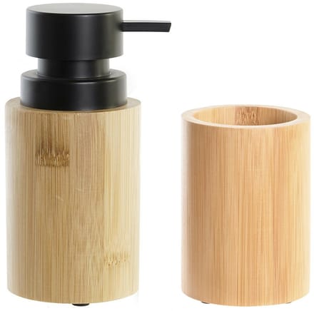 Items badkamer accessoires set - drinkbeker - zeeppompje 16 cm - bamboe hout