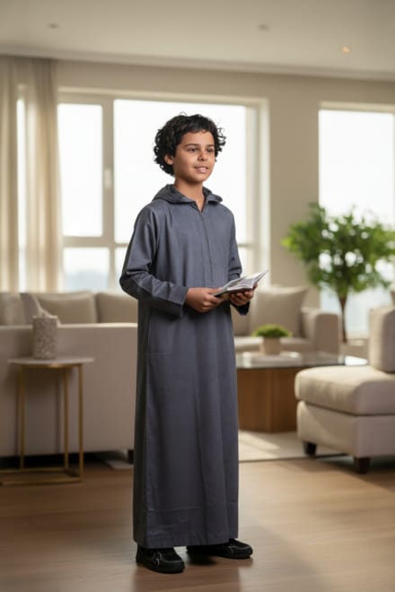 Grijze Marokkaanse Jubba-robe met capuchon voor jongens, geschikt voor Eid, Ramadan en Eid (LFS) - K-HM12
