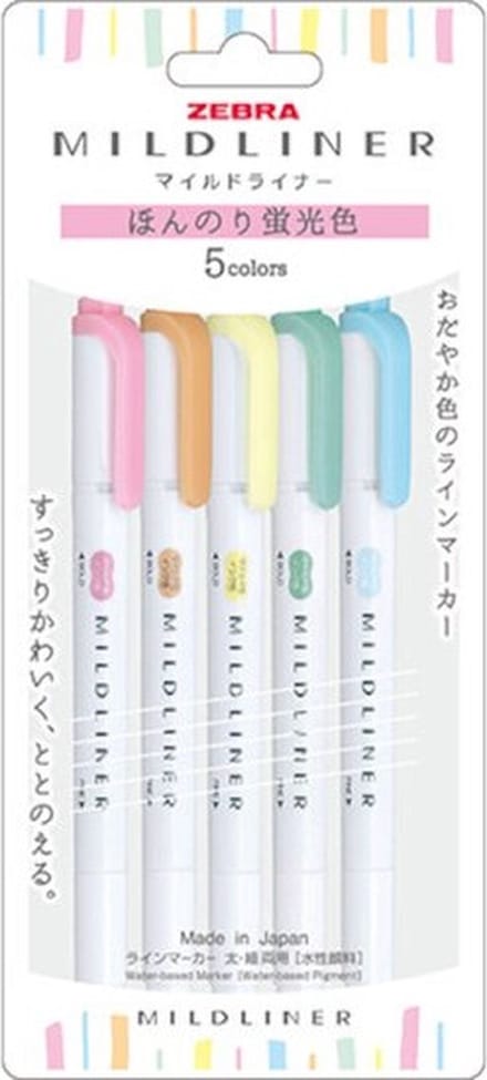Zebra Mildliners Double Sided Highlighter Set van 5 Mild Pastel Colors + EXTRA een Set van 5 Zebra Two Sided Brushpennen