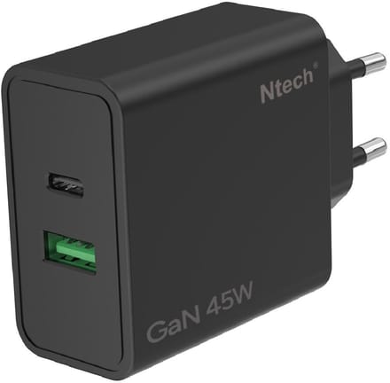 Ntech - USB C Adapter 45W en USB-A 18W - USB C Oplader Zwart - USB C Snellader - USB C Lader - Universeel o.a. Telefoons & Laptops
