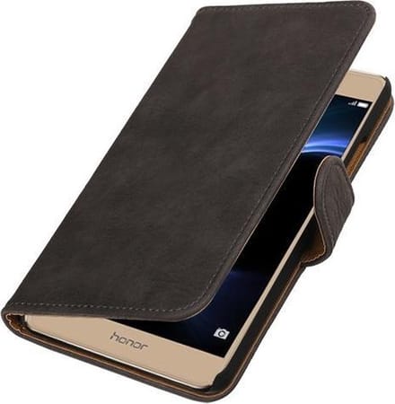 Grijs Hout booktype wallet cover hoesje voor Huawei Honor V8