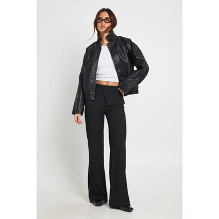 boohoo Dames Gestructureerde Broek met Strikceintuur en Rechte Pijpen | Black | Maat: 10