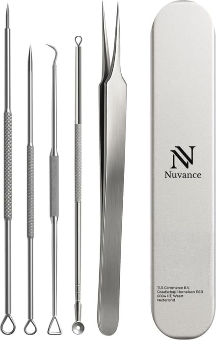 Nuvance Mee Eters Verwijderen - Blackhead remover - Set van 5 - Mee Eter Verwijderaar - Comedonenlepel - Zilver