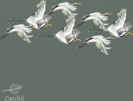 Behang staal Flying Cranes groen