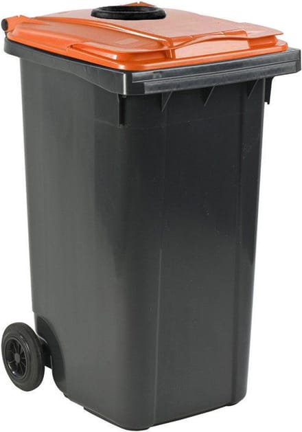Afvalcontainer 240 liter grijs met oranje deksel en glasrozet