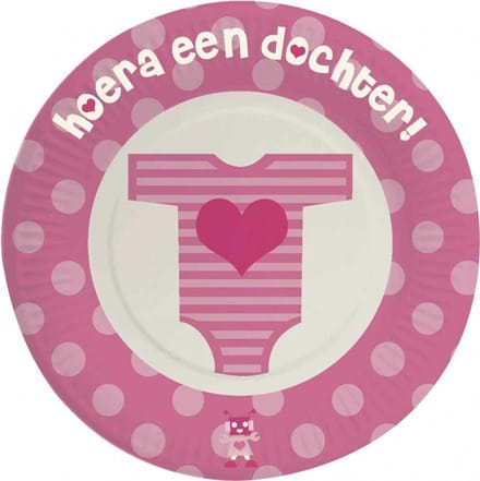 Feestborden \'\'hoera Een Dochter\'\' 8 Stuks Roze 18 Cm