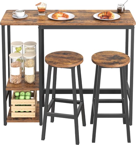 VASAGLE - Bartafel - Tafel met Planken - Stalen Frame - Inclusief Keukenstoelen