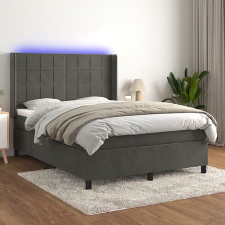 vidaXL - Boxspring - met - matras - en - LED - fluweel - donkergrijs - 140x190 - cm