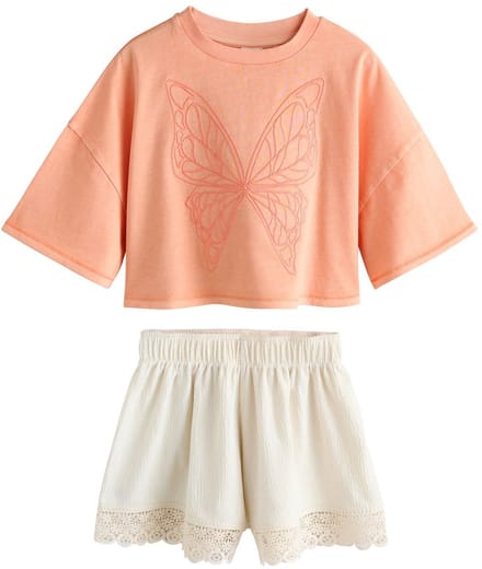 Next - Meisjes - Set van T-shirt en short met textuur - Oranje