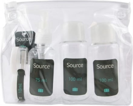 Reisset 5-delig Source - PVC ritstasje - transparant - lotiondispenser - lotionflesjes - crèmepotjes
