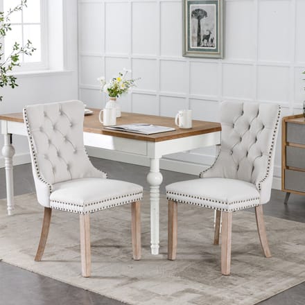 Clruro Eetkamerstoelen - Set van 2 - Gecapitonneerd - Met Siernagels - Linnen en Hout - Beige