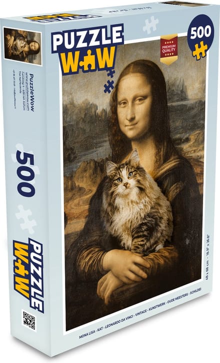 Puzzel Mona Lisa - Kat - Leonardo da Vinci - Vintage - Kunstwerk - Oude meesters - Schilderij - Legpuzzel - Puzzel 500 stukjes