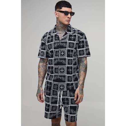 Tall Embroidered Tile Oversized Shirt & Relaxed Short Set | Black | Size Medium