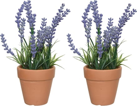 Eerlands lavendel kunstplant in pot - set 2x - lila paars - D6 x H18 cm