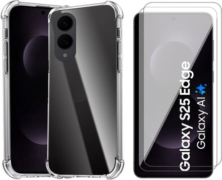 Hoesje geschikt voor Samsung Galaxy S25 Edge - 2x Screenprotector Glas - Shockproof Transparant