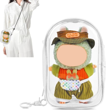 Large Clear Figure Display Bag with Keychain Case Blind Box Keychain Carry Bag, Portable Small Doll Storage Pouches PVC Bag (White Standing)